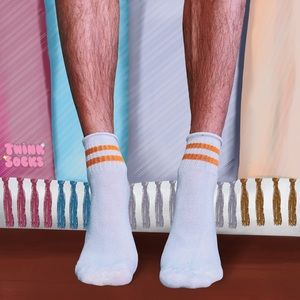 White and Orange Striped Roll Cuff Ankle Socks